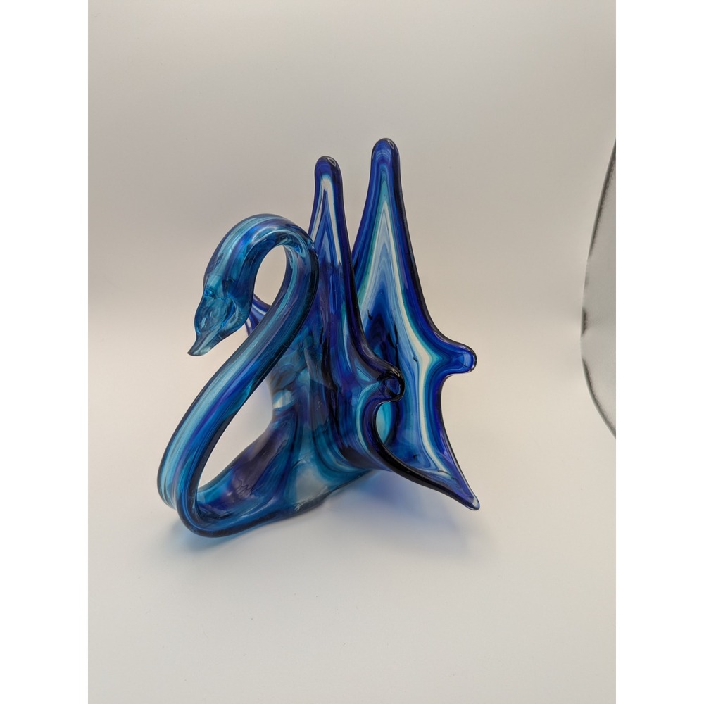 Vintage Murano Style Blue Swirl Hand Blown Glass Art Swan Figurine Napkin Holder